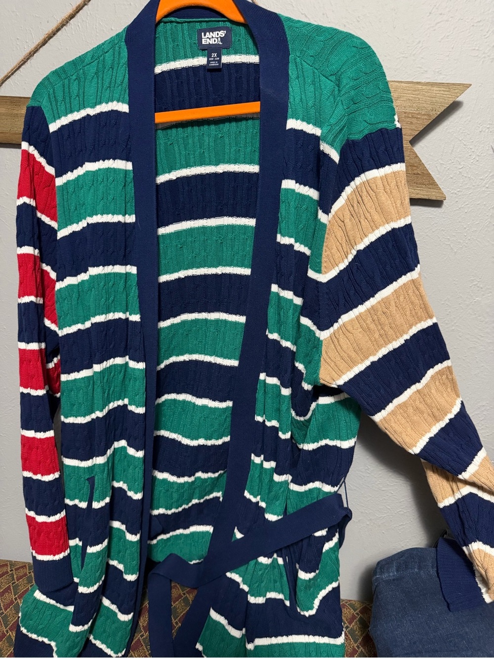 Lands' End Striped Cable-Knit Open Cardigan in Green, Navy, Red, Tan